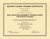 Security Guard Pre-Assignment Class Certificate